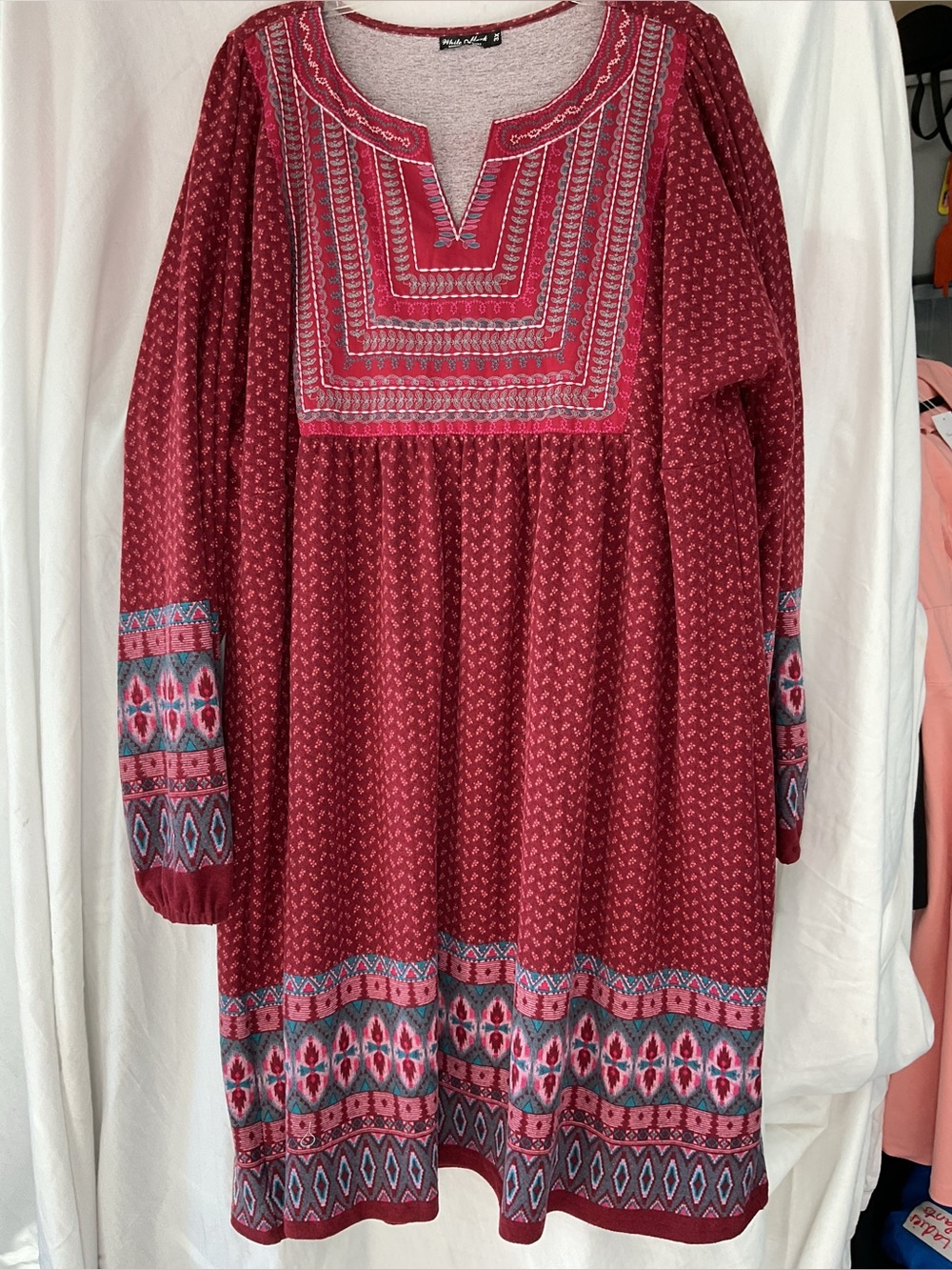 White Mark Burgundy Long-Sleeve Embroidered Yoke Midi Dress